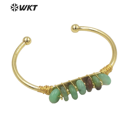 WT-B580 WKT Lovely Popular Gold Electroplated Open Size Cuff Bangle Women Bohemian Natural Gemstone Beads Wire Wrapped Bangle