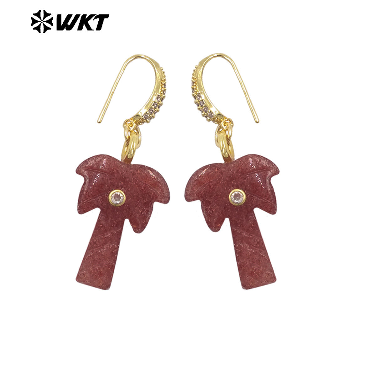 WT-E814 Beautiful Various Natural Gemstones Coconut Tree Shape Gold Pendant Earrings For Girls Summer Matching Jewelry