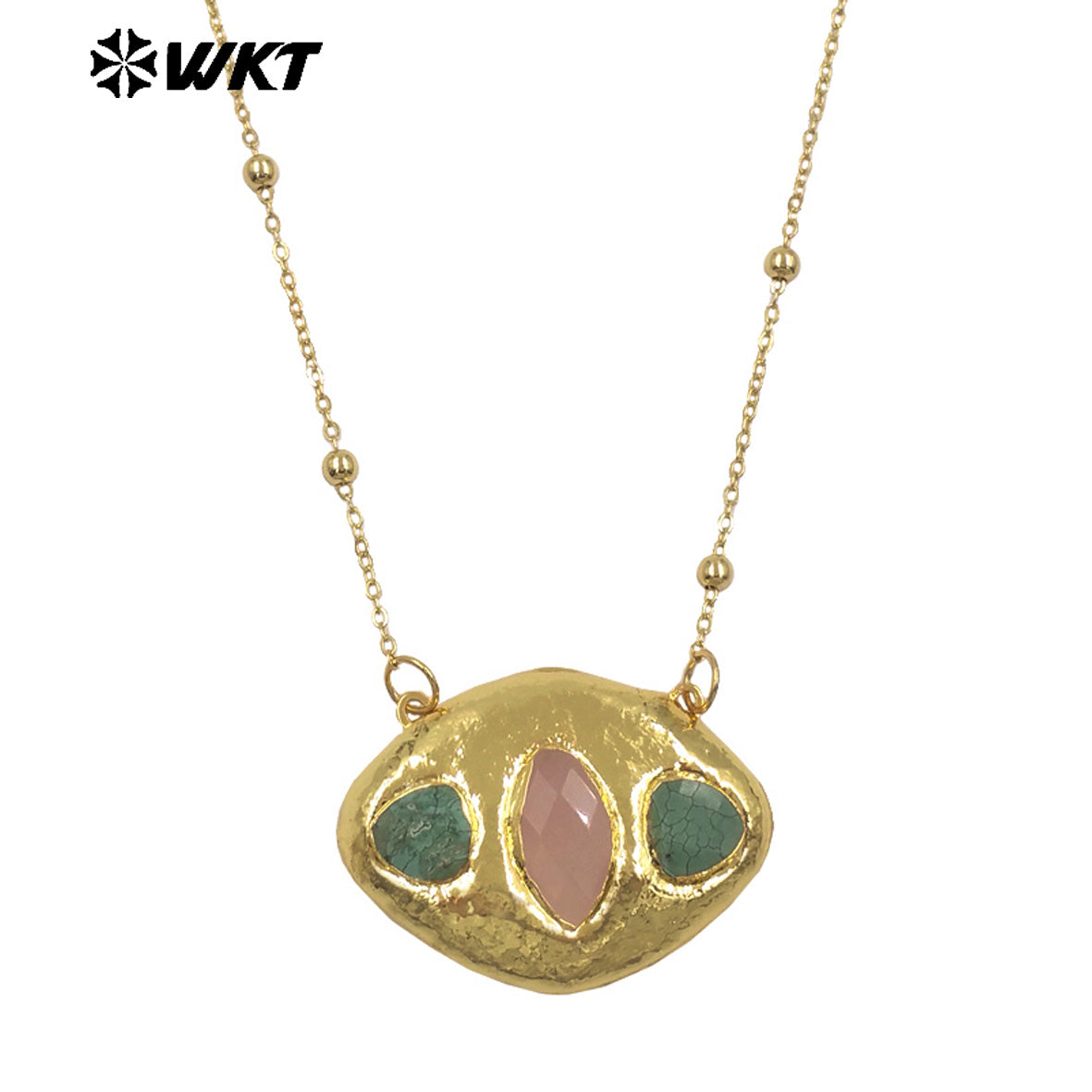WT-N1529 Boutique 18K Gold Plated Thin Bead Chain With Three Natural Gemstones Pendant Necklaces As Women Elegant Jewelry