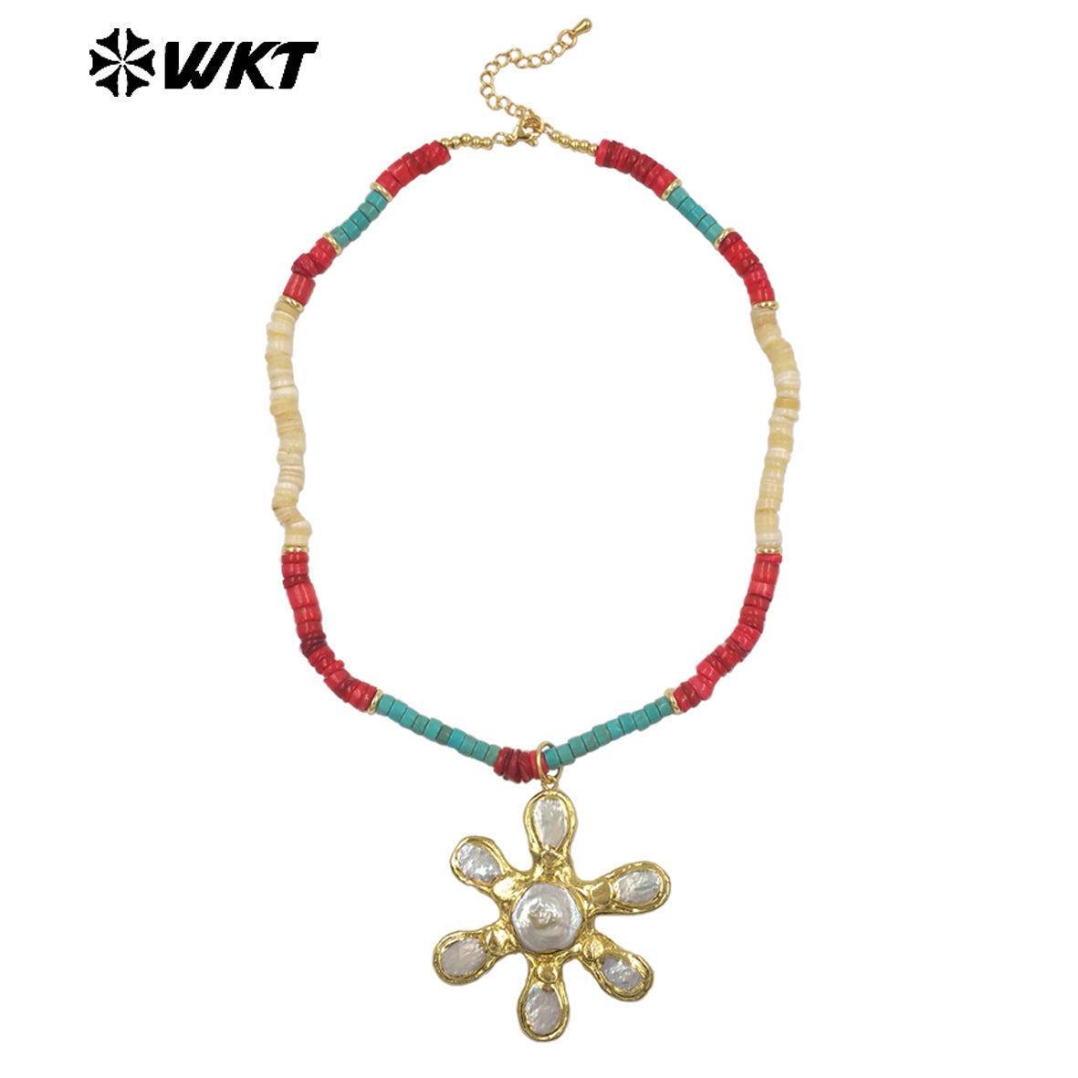 WT-JN402 Gorgeous Stone Beads Splicing Chain With Gold Plated Natural Freshwater Pearl Flower Pendant Necklace As Friend Gift