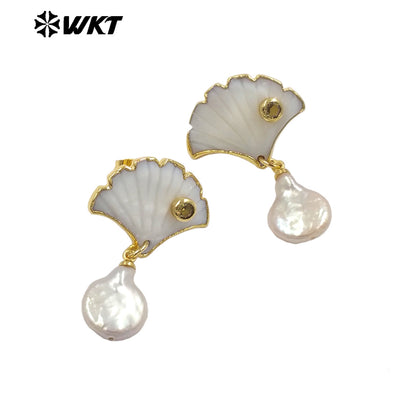 WT-MPE194 Luxury 18K Gold Plated Zircon And Shell Connect Natural Pearl Earrings For Women Vintage Trendy Jewelry Accessory