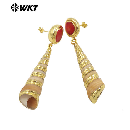 WT-MPE140 New Arrivals Fashion Unique Design 18K Gold Plated Red Coral Shell Trumpet Earrings Jewelry for Women As Special Gift