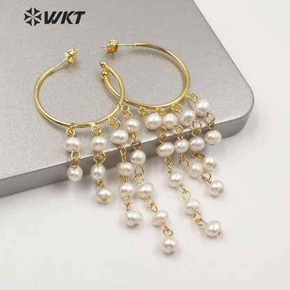 WT-MPE039 Most Hot Sales Natural Freshwater Pearl Beads Statement Earrings Round Hoop Lady Elegant Pearl Earrings