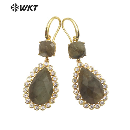 WT-E697 Wholesale Fashion Micropaved Cubic Zircon Setting Stone Earrings Attractive Long Drop Gemstone Hoop Earrings for Gift