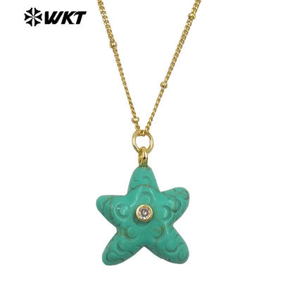 WT-N1532 Popular Trendy Gold Thin Chain With Starfish Shape Natural Gemstones Pendants Necklaces As Female Daily Decoration