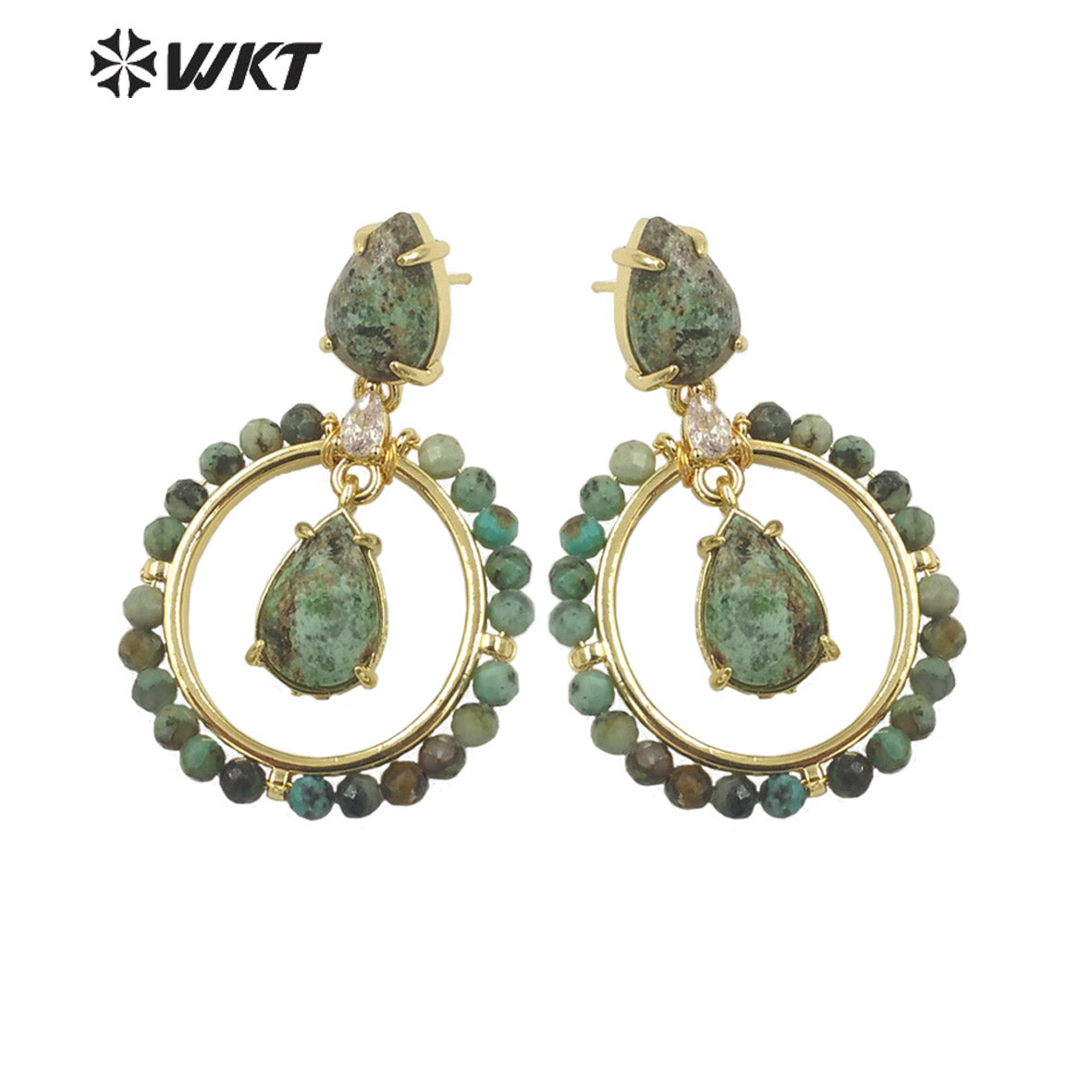 WT-E714 WKT Newest Summer Design Gorgeous Multi Natural Gemstone Big Hoop Earrings Gold Plated Lead Free Amazonite Stone Studs