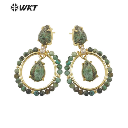 WT-E714 WKT Newest Summer Design Gorgeous Multi Natural Gemstone Big Hoop Earrings Gold Plated Lead Free Amazonite Stone Studs