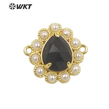 WT-PC008 Delicate Fashion 18K Real Gold Plated Resist Tarnishable Gemstone Carved Drop Pearl Connectors