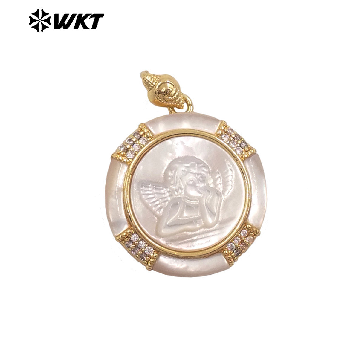 WT-JP428 Top Quality Gold Plated Round Shape Hand Carved Religious Style Little Mop Pendant For Women Necklace Design