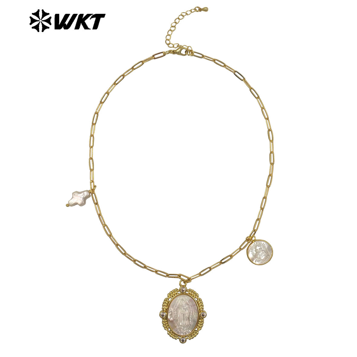 WT-JN322 Wholesale 18K Gold Electroplated Pearl Shell Pendant Necklace Hand Carved Virgin Mary Pattern Vintage Women Jewelry