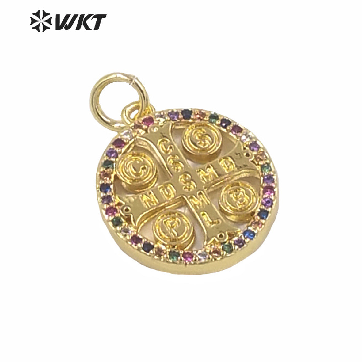 WT-MP154 New Hot Sales Gold Electroplated Round Tiny Religious Cross Pendant Women Fashion Jewelry Round Jesus Cross Pendants