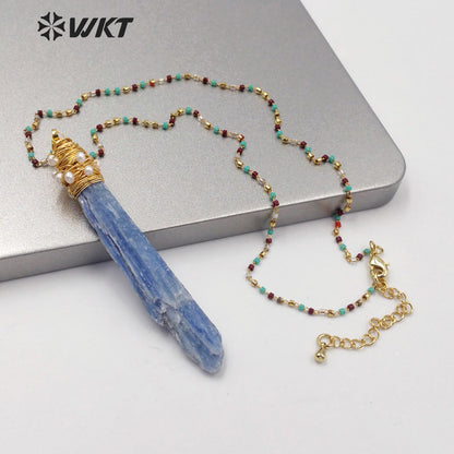 WT-N1217 Popular Wire Wrapped Blue Kyanite Necklace Fashion Lady Charm Jewelry Raw Blue Kyanite Necklace