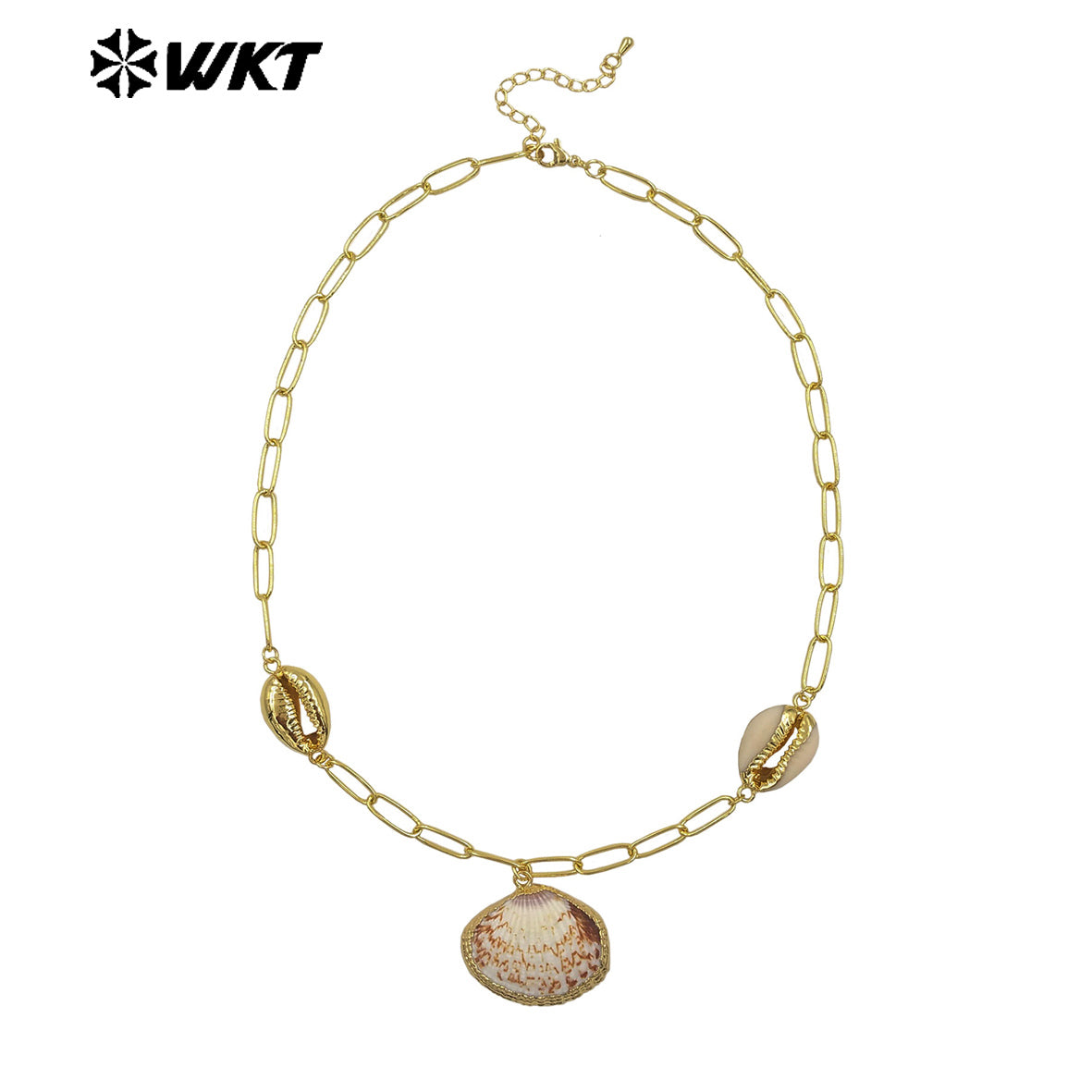 WT-JN318 Wonderful Design Natural Trumpet Shell Necklace One Big and Two Small Charms With Gold Plated Chain Women Jewelry