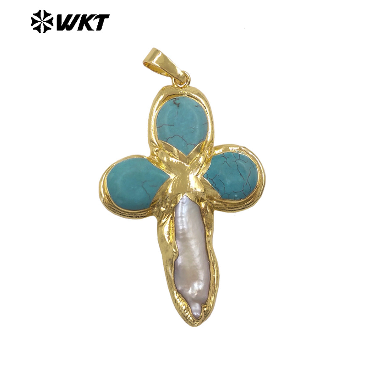 WT-JP382 Classic Cross Shape With Colored Natural Stone Pearl and 18k Gold Plated Pendant for Necklace Accessory