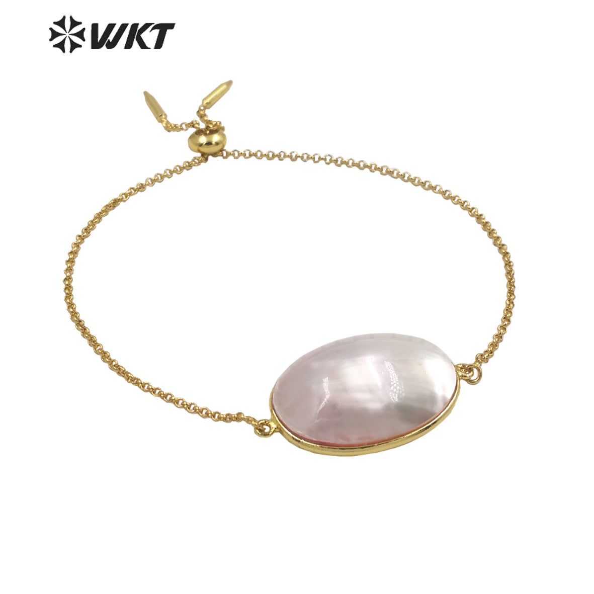 WT-MPB085 Wholesale Fashion Gold Plated Bullet Shape Chain Bracelet With Flash Mabe Shell Bracelet Women Wedding Bracelets