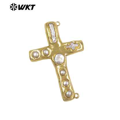 WT-PC015 The New Listing Back Full Gold Plated Natural Freshwater Pearl Cross Connector For DIY Women Necklace Jewelry