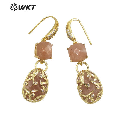 WT-E691 Fashion Double Stone Handmade Claw Setting Bezel Earrings Women Delicate Long Hoop Amethyst Stone Earrings