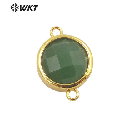 WT-C307 Wholesale Fashion Small Round Gold Bezel Jewelry Connectors Delicate Double Loops Natural Gemstone Charms in 12mm