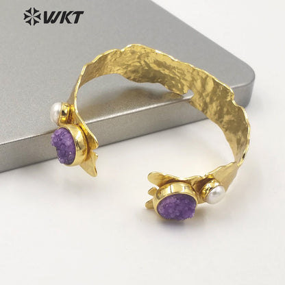 WT-B565 Wholesale Women Gold Electroplated Double Druzy Stone Bangle New Popular Irregular Gold Brass Druzy Quartz Stone Bangle