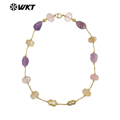 WT-N1492 Wonderful Design Lady Fashion Gorgeous Precious Natural Amethyst and Rose Quartz Cushion Stone Handmade Necklace