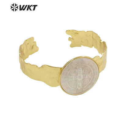 WT-MPB083 WKT New Religious Mother of Pearl St. Benedict Bangle Christian Virgin Mary Bangle Women Adjustable Shell Bangle