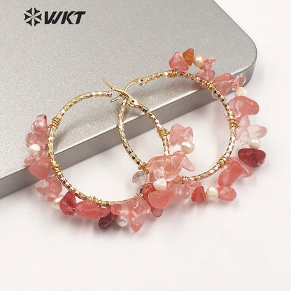 WT-E608 Exclusive Design INS Style Gravel Stone Pearl Earring Pink Color Women Fashion Gravel Stone Earring