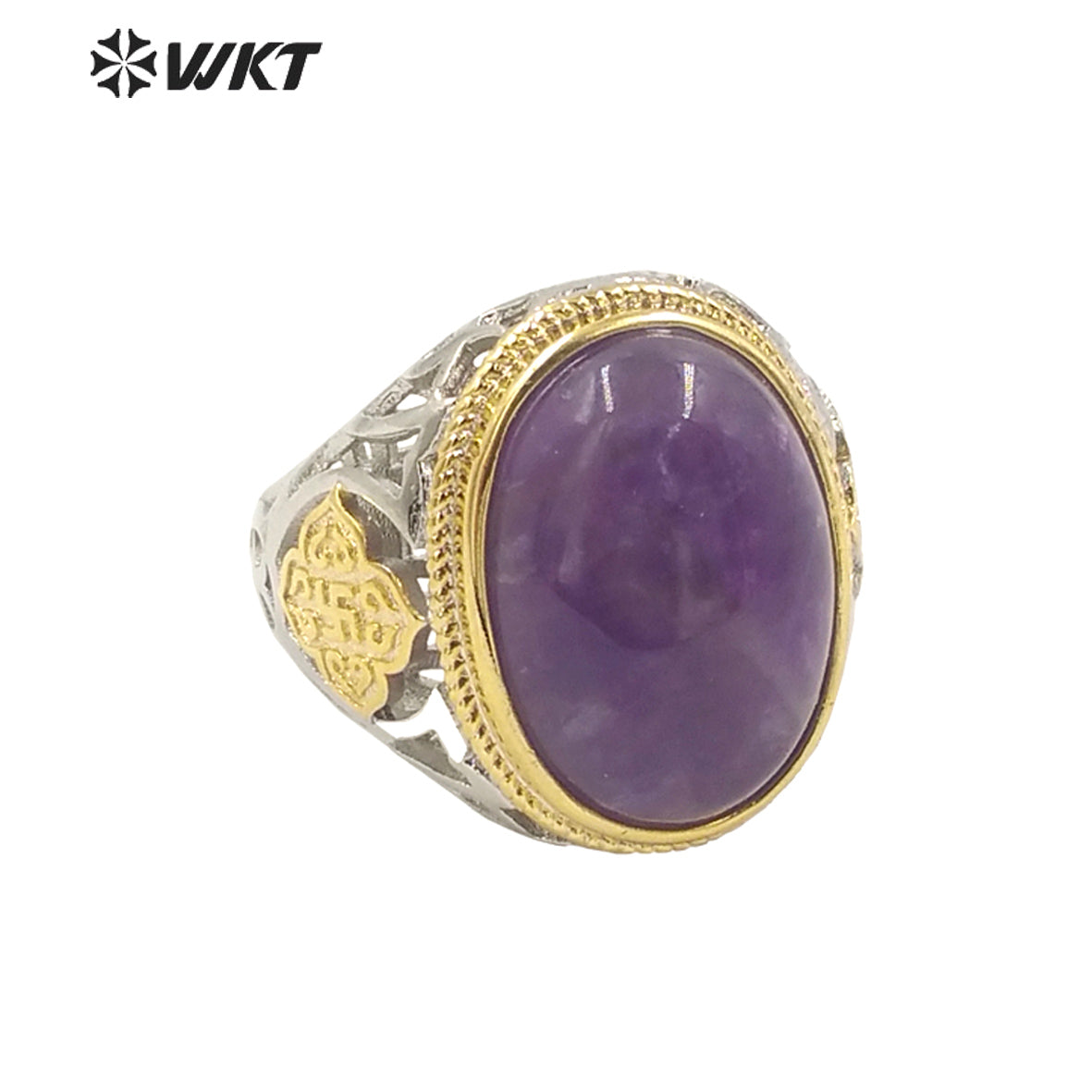 WT-R408 Noble Design Hollow Carved Flower Intricate Craft Rings Round Natural Amethyst Rings Adjustable Natural Stone Rings