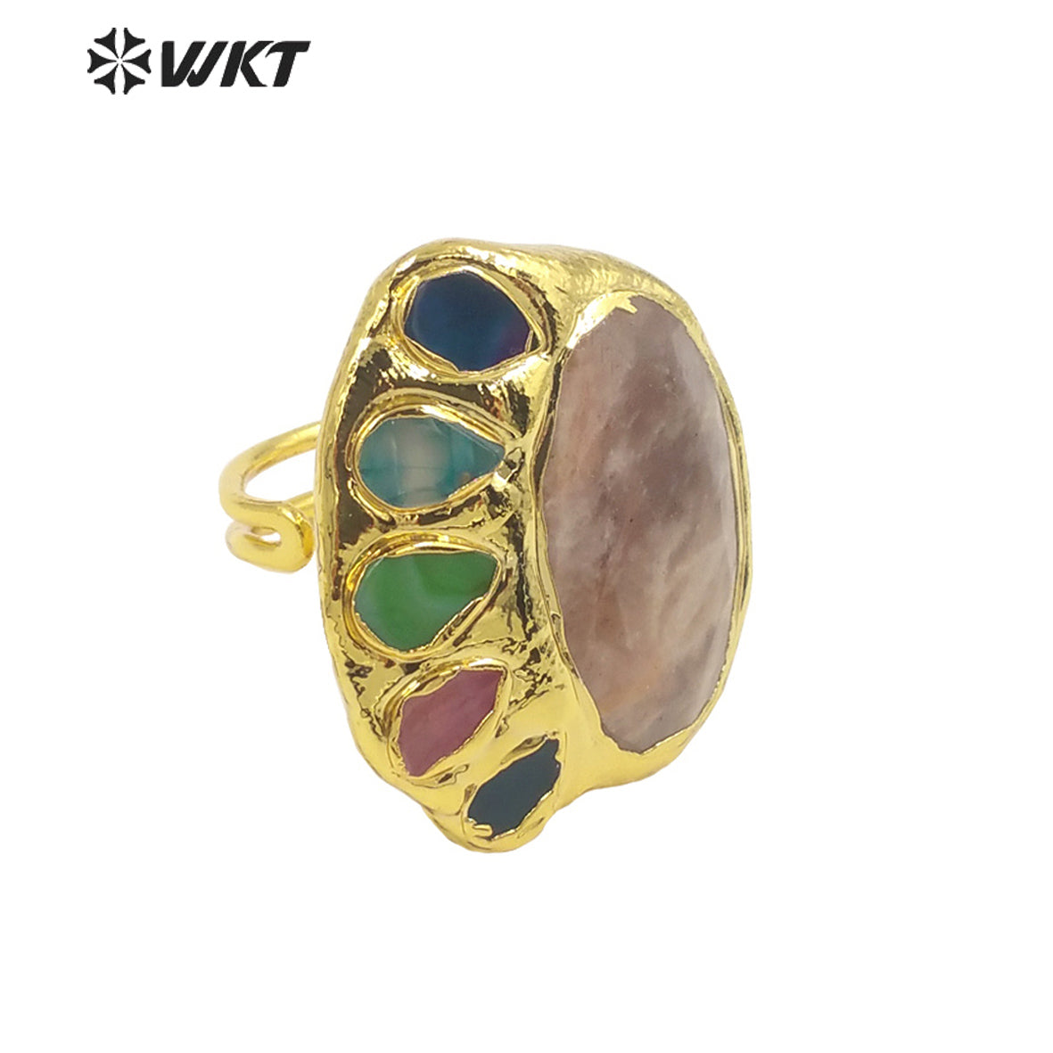 WT-R472 New Design Colorful Gemstone Ring With Pearl Charms Women Fashion Gold Plated Peacock Stone Ring Boho Charming Ring