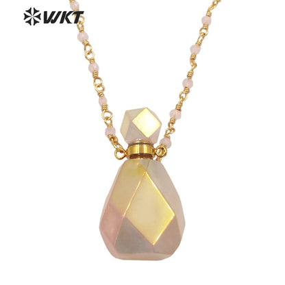 WT-N1331 Ins Hot Amazing Gorgeous Rose Quartz with Aura Perfume Bottle Necklace Essencial Oil Stone Bottle Pink Aura Stone