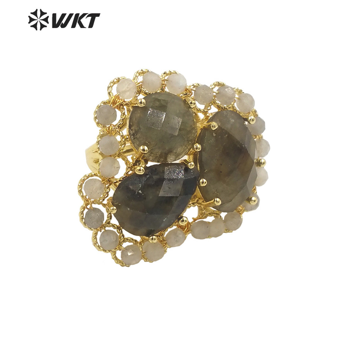 WT-R452 Newest Gold Bezel Natural Gemstone Cocktail Ring Big Exaggerated Luxury Gold Plated Women Triple Stone Ring