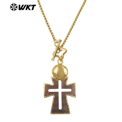 WT-JN353 Creative Gold Plated Chain With Star Clasp And Natural Shell Cross Hollow Pendant Necklace For Ladies Vintages Gift