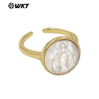 WT-MPR091 WKT New Religious Jewelry Design Elegant White Mop Carved Lady of Grace Saint Ring for Women