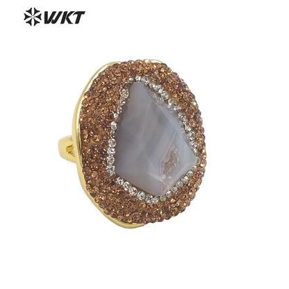 WT-R497 New Popular Gorgeous 18K Real Gold Plated Natural Grey Druzy Geode Agate Arrow Shape With Rhinestone Set Jewelry Ring