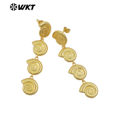 WT-E763 Wholesale New Products 18K Gold Plated and Silver Conch Shell Shape Long Earrings for Women Suitable for Beach Vacations