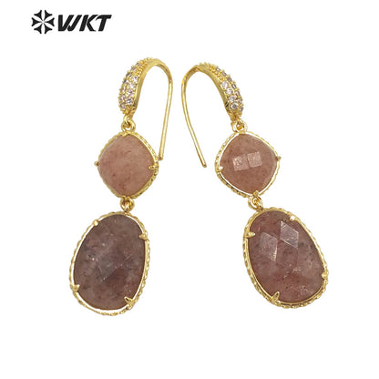 WT-E687 Wholesale Fashion Natural Amazonist Stone Earrings Women Amethyst Double Stone Prong Setting Gorgeous Earrings