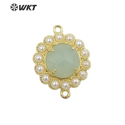 WT-PC005 Wholesale Fashion Gold Plated Double Loops Round Stone With Shell Pearl Around With Claw Setting Connector Findings