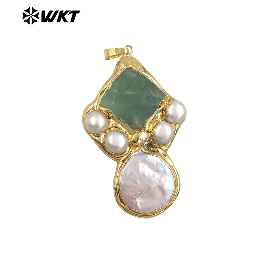 WT-JP423 Gorgeous Back Full Plated With 18K Gold Multi Colors Natural Stones And Pearls Pendants For Women Necklace Handmade