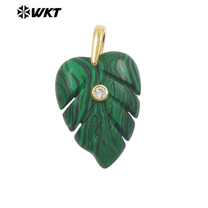 WT-P2141 Wonderful Zircon And Multi Colors Natural Gemstones Hand Carved Leaf Shape Gold Pendants For Lady Earrings DIY