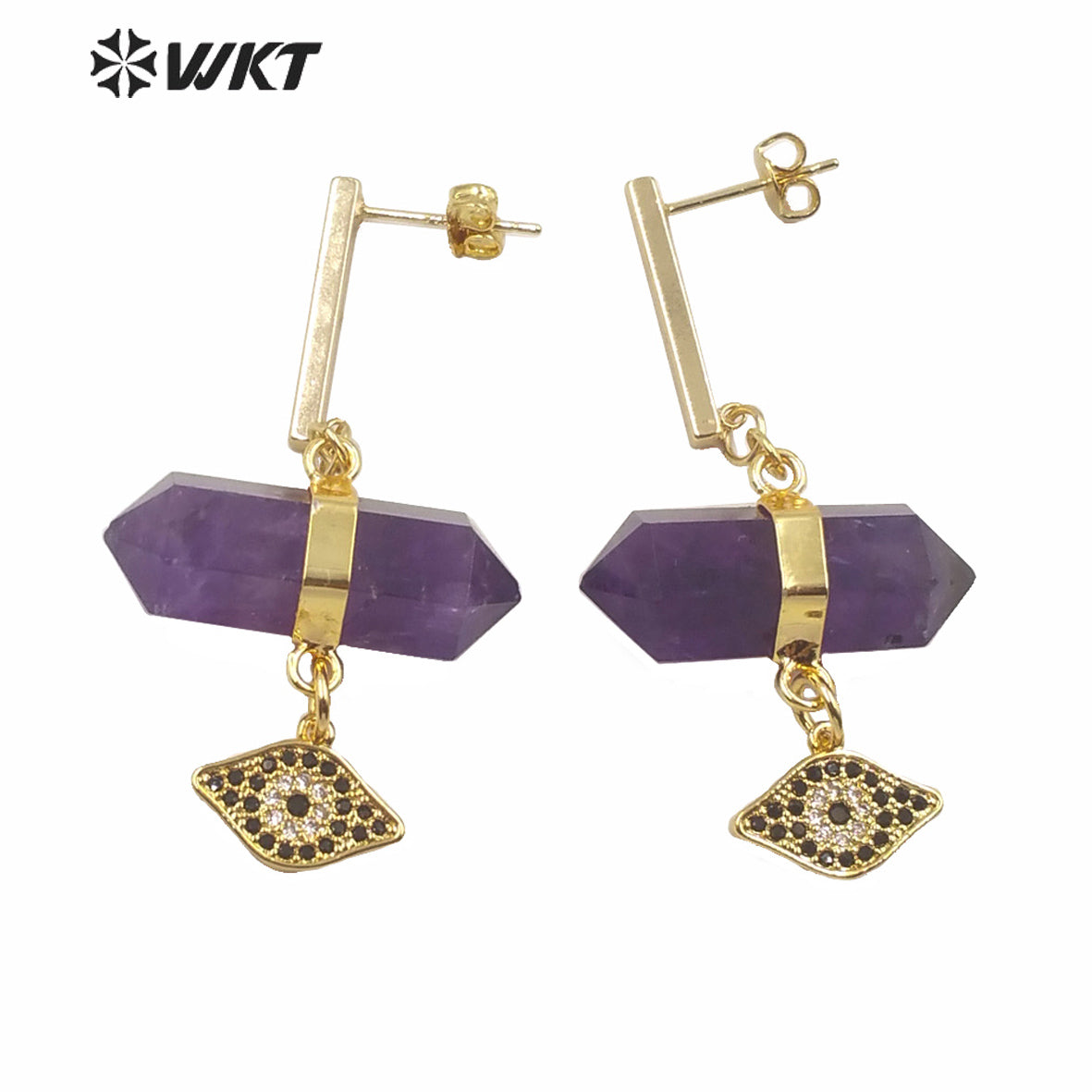 WT-E632 Fashion Double Point Crystal Quartz Bullet Shape Stone Earrings Round Eye Charm Earrings Lady Spirit Quartz Earring