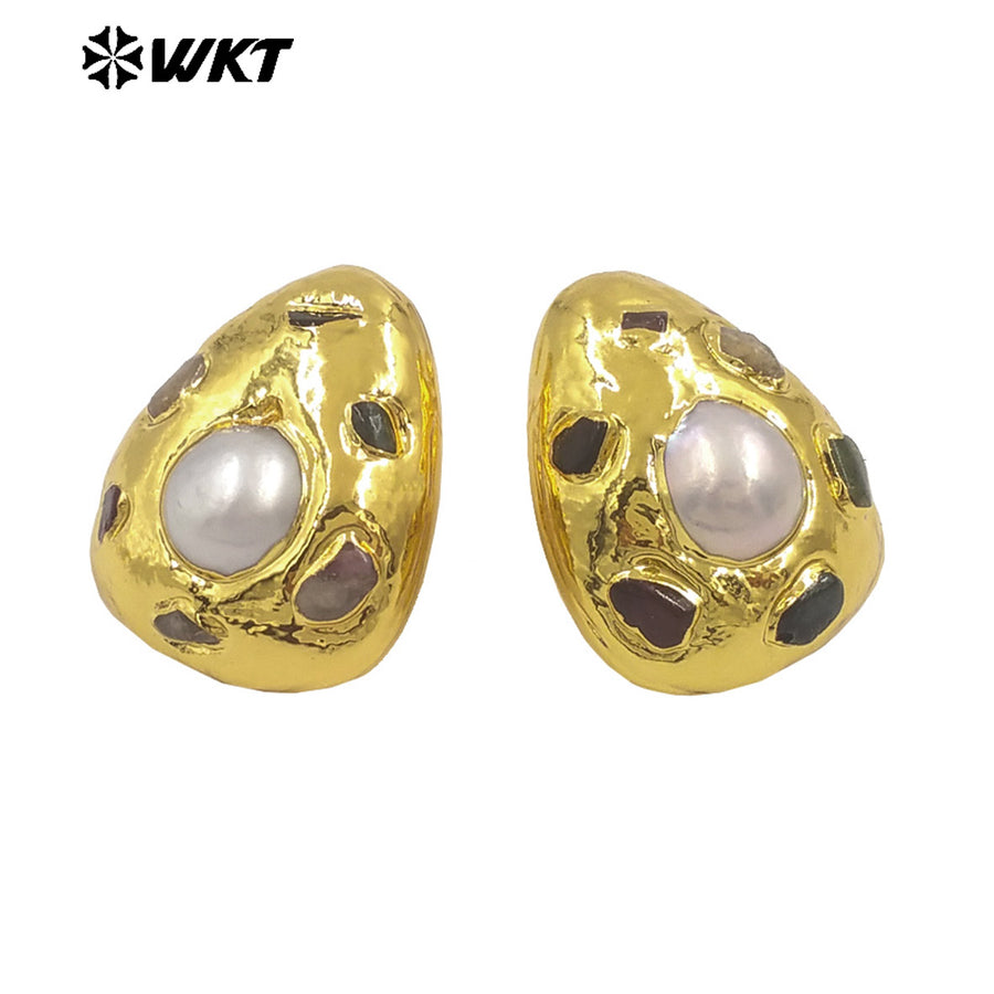 WT-MPE165 Vintage Style Wholesale Women Jewelry Gorgeous Gold Plated Small Tourmaline Stone Around Shell Multi Colors Earrings