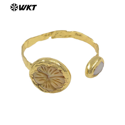 MPB140 Amazing 18K Gold Electroplated Natural Pearl And Shell Carved Flower Shape Cuff Bangles For Women Fashion Jewelry