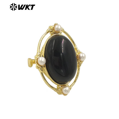 WT-R541 Wholesale Fashion Gold Plated Retro Natural Gemstone Lapis Amethyst Oval Stone With Pearl Beads Adjustable Women Ring