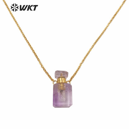 WT-N1239 Amazing Gold Electroplated Mini Cabochon Faceted Natural Stone Perfume Bottle Necklace Women Hot Essential Oil Necklace