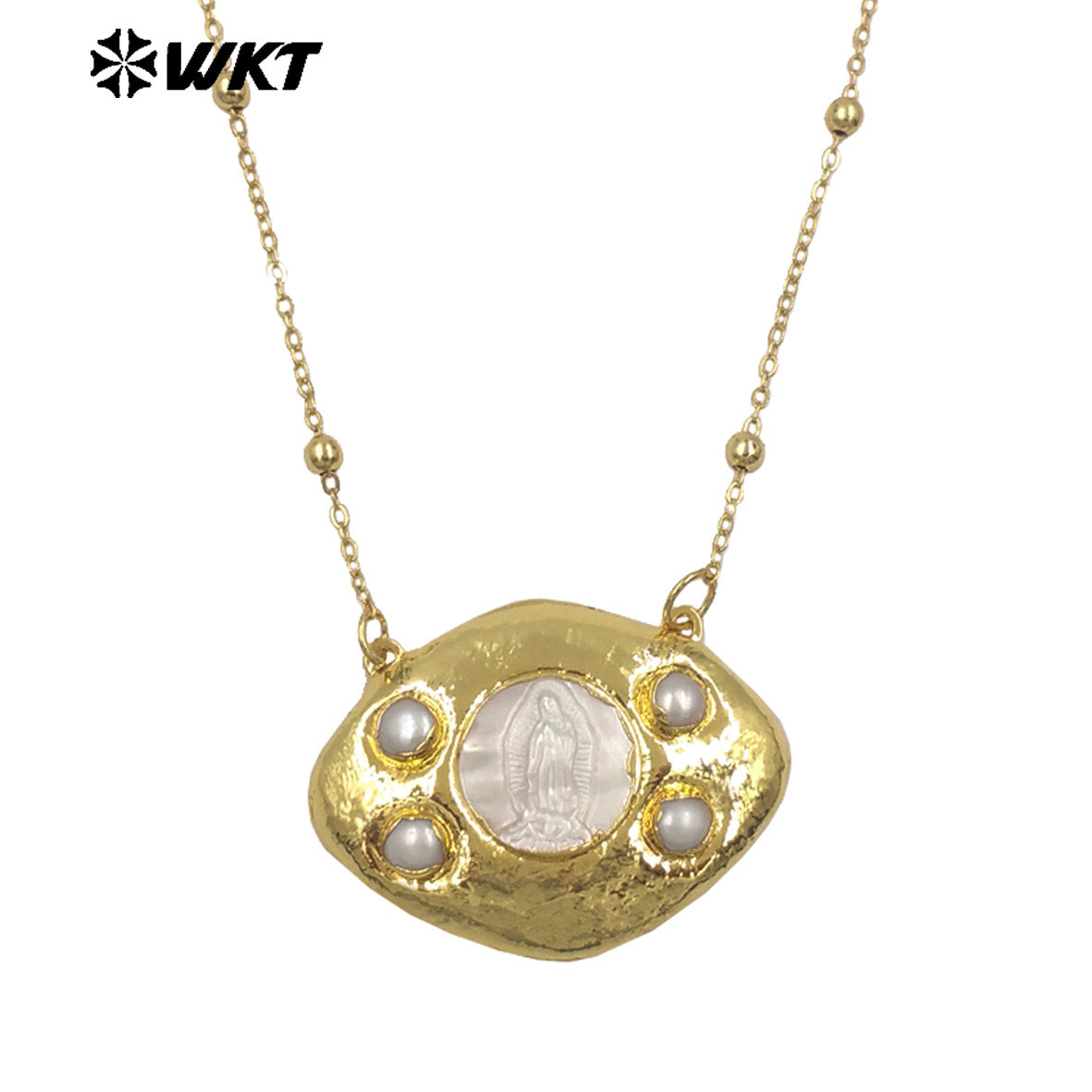 WT-JN391 High Quality Thin Bead Chain With Gold Electroplated Religious Patterns MOP Charms Necklaces For Lady Fashion Jewelry