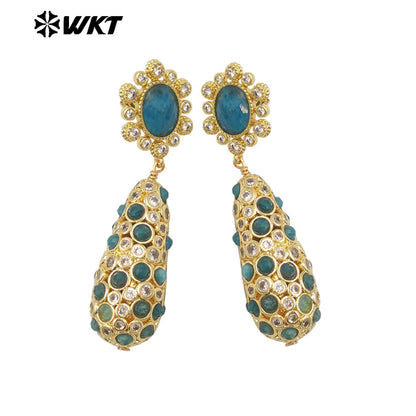 WT-E757 Amazing Popular Fashion Gold Plated Long Dangle Drop With Natural Stond Beads Setting Women Earrings