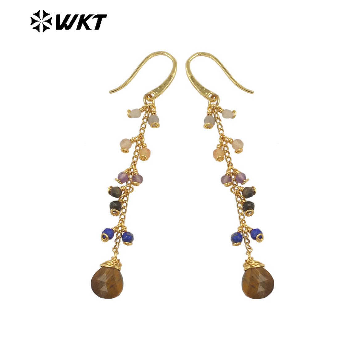 WT-E725 Amazing Colorful Gemstone Wire Wrapped Long Charming Earrings Women Dangle Gold Birthday Stone Earrings in Drop