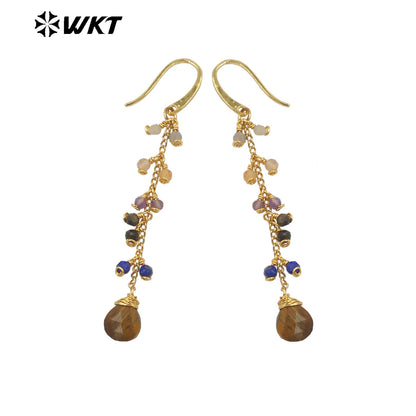 WT-E725 Amazing Colorful Gemstone Wire Wrapped Long Charming Earrings Women Dangle Gold Birthday Stone Earrings in Drop