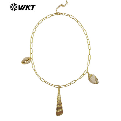 WT-JN317 Fashion Women Bohemian Vintage Style Big Link Chain Natural Cowrie Trumpet Shell Necklace For Summer