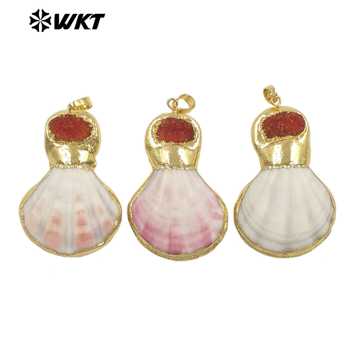 WT-JP507 New Arrival Gold Electroplated Natural Scallop Shell And Druzy Quartz Stone Splicing Pendant For Unique Jewelry DIY