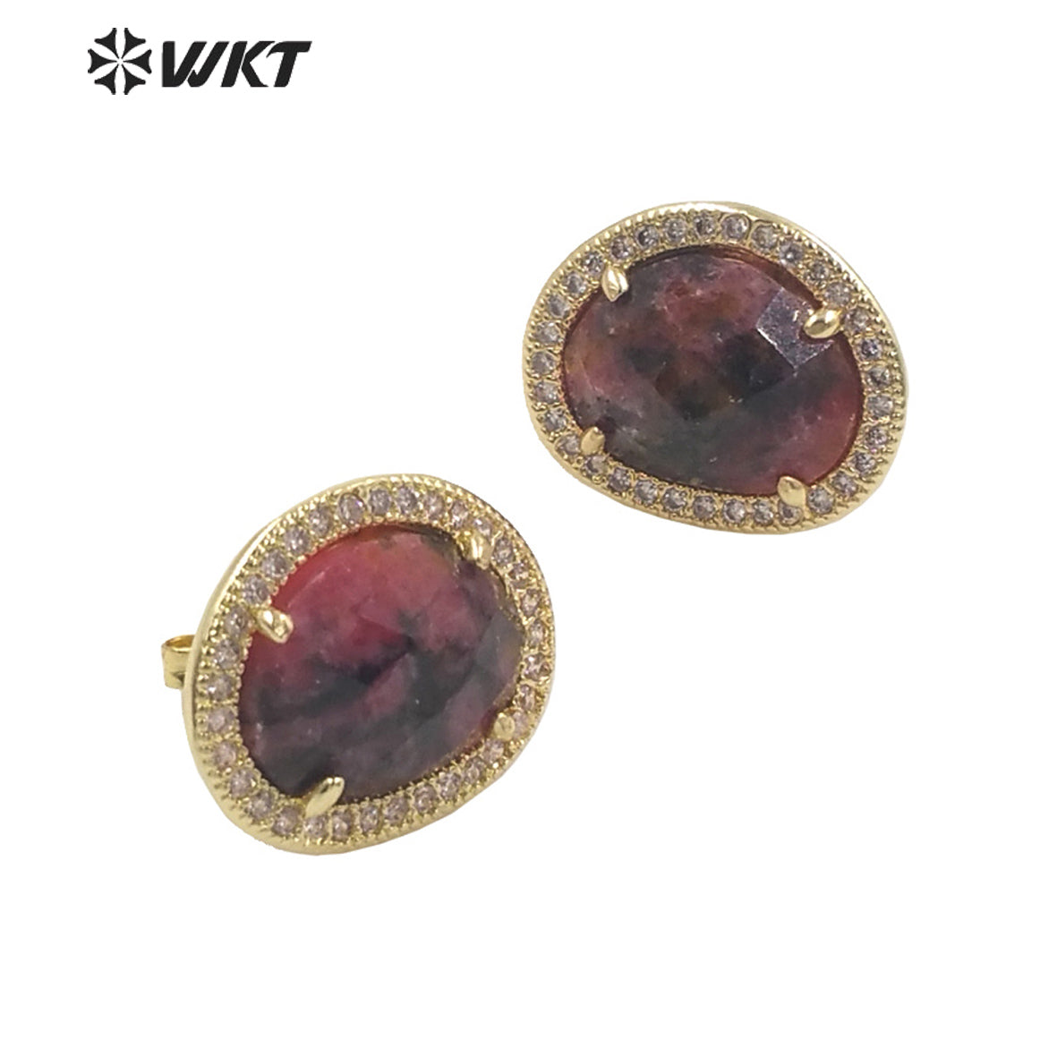 WT-ME085 WKT Natural Gemstone With Micropaved Cubic Zircon Studs Precious Birthday Stone Studs for Friend Gift